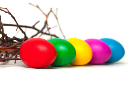 Colored Easter eggs from the branches. On a white background.の写真素材