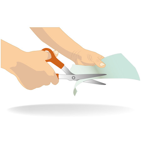 hand holding scissors cutting white paperのイラスト素材