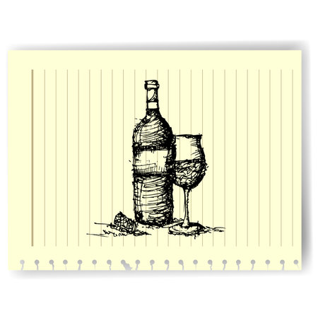 sketch drawing of wine bottle and glass on  lined  paper page vectorのイラスト素材