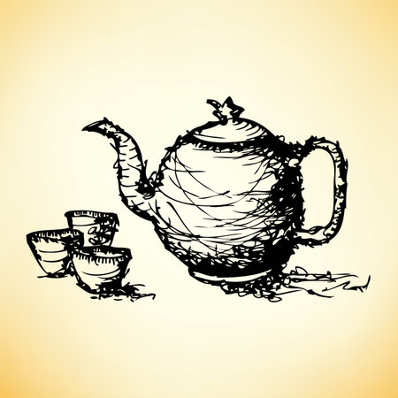 sketch drawing of teapot with cup vectorのイラスト素材