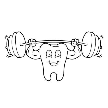 outline of Cartoon Tooth Character Lifting Weights vectorのイラスト素材