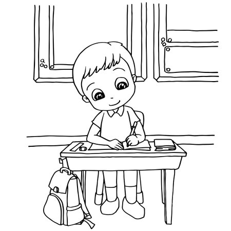 kids do homework in class cartoon coloring page vector illustrationのイラスト素材