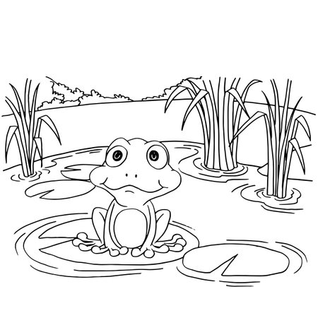 Cartoon  frog at lake coloring page vector illustrationのイラスト素材