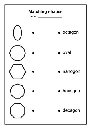 eometry shape matching game. educational geometric shapes game. printable learning material for kids . black and white printables game illustration