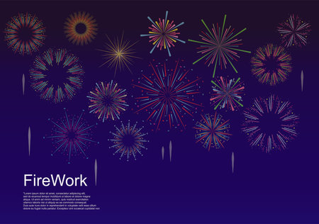 festival colorful fireworks and fireworks rockets for greeting card and party poster.Celebration and cheerful holidayのイラスト素材