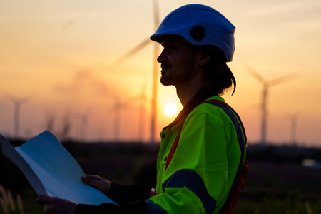 Renewable energy engineer working on wind turbineの写真素材