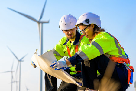 Renewable energy engineer working on wind turbineの写真素材