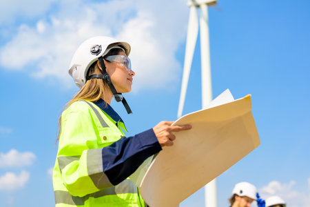 Renewable energy engineer working on wind turbineの写真素材