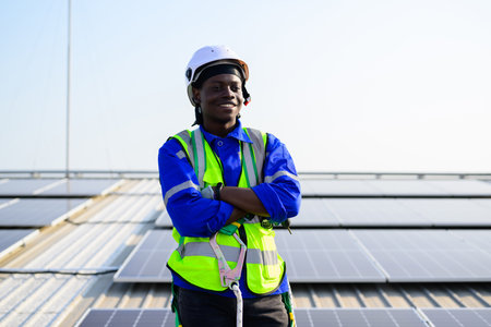 Smiling portrait of happy engineer technician working on rooftop