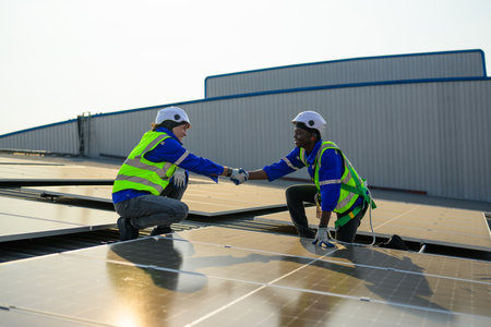 Two engineers technicians shacking hands together with successful project