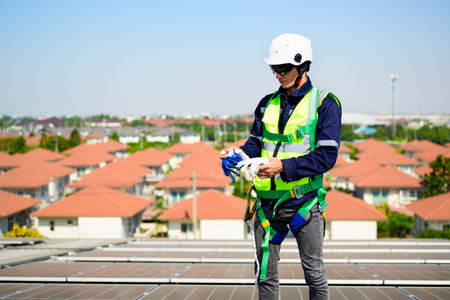 Professional engineer technician with safety helmet operating systemの写真素材