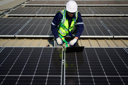 Professional engineer technician with safety helmet checking system