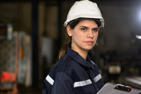 Confident female technician engineer worker checking and inspecting machine