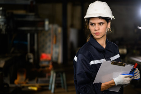 Confident female technician engineer worker checking and inspecting machine