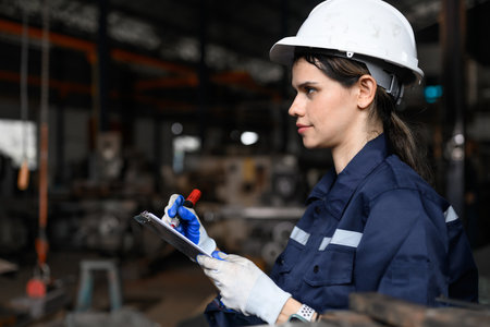 Portrait of happy female industrial worker in white hard hat smilingの写真素材