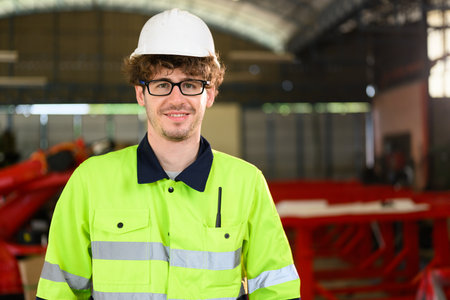 Portrait of happy male mechanical engineer in white hard hat and safety uniform
