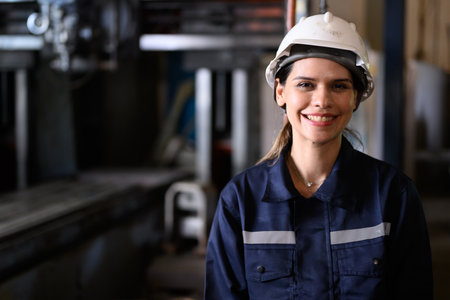 Portrait of female engineer worker with white helmet smiling to camera