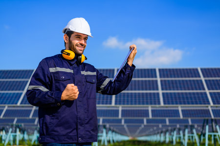 Engineer worker portrait with solar panel at solar farmの写真素材