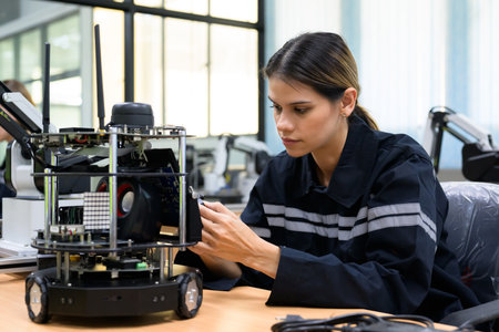 Female maintenance engineer checking and repairing automatic robotic machine