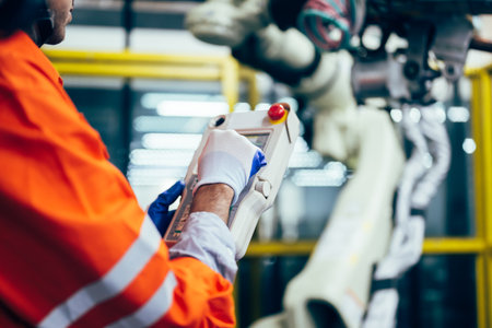 Technician engineer holding robot controller checking automatic robotic machine