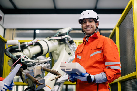 Professional technician holding robot controller checking automatic machineの写真素材