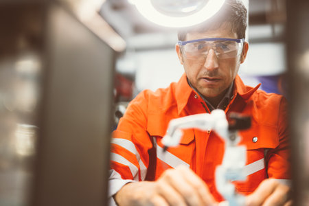 Professional technician checking and repairing parts of robotic machine