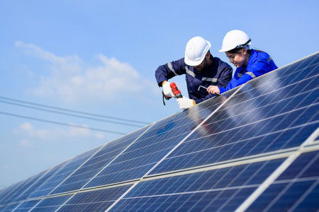 Solar panel station, Engineer installing solar panel at solar energy farm fieldの写真素材