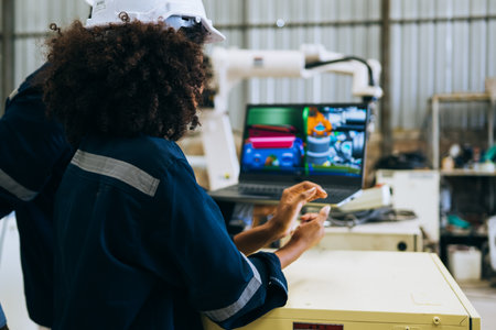 Engineer technician controlling robotic arms on computer laptop