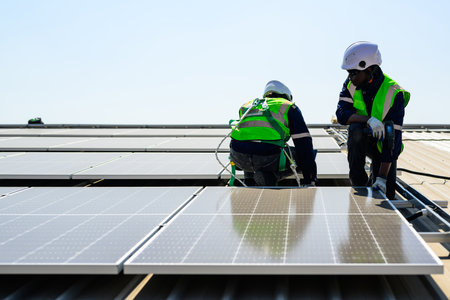 Professional engineer technician with safety helmet checking systemの写真素材