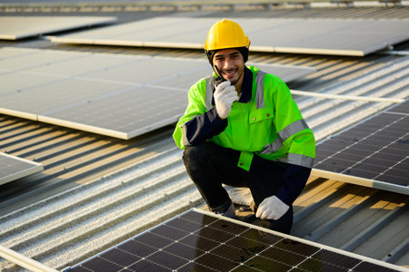 Professional engineer technician with safety helmet checking system