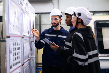 Engineer mechanician operating and controlling CNC machine