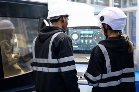 Engineer mechanician operating and controlling CNC machine