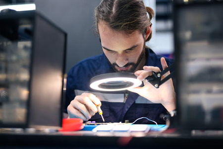 Professional technician checking and repairing part of automatic machineの写真素材