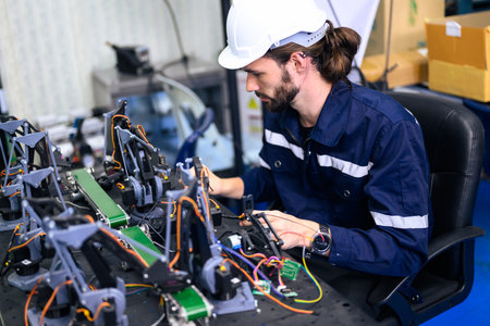 Trainee engineer learning and working in production line of industrial factory