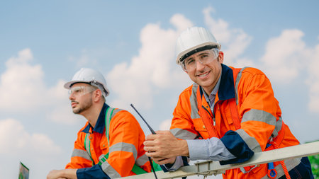 Professional engineer technician working outdoor at wind turbine field