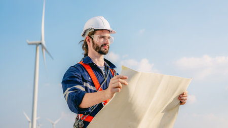 Professional engineer technician working outdoor at wind turbine field