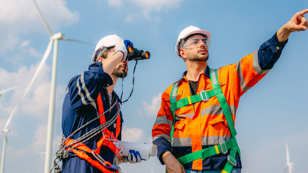 Professional engineer technician working outdoor at wind turbine fieldの写真素材
