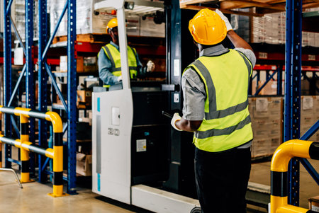 Professional warehouse worker moving cardboard boxes by forklift stacker loader