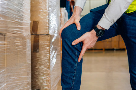 Tired male warehouse worker suffering from standing for long time at factory