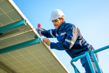 Solar panel station, Engineer installing solar panel at solar energy farm field