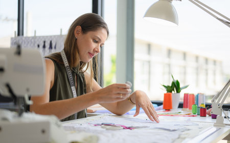 Happy female dressmaker working in workshop studioの写真素材