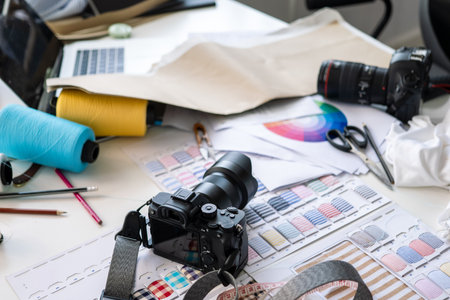 Clothes business owner concept, Fashion studio office fabric equipment stylistの写真素材