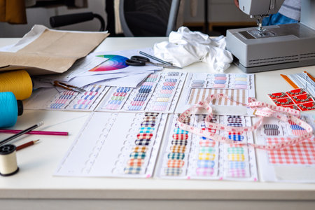 Clothes business owner concept, Fashion studio office fabric equipment stylist