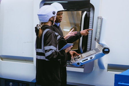 Professional technician checking and repairing part of automatic machine