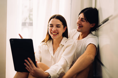 Couple of romantic young people at home, Vintage style photoの写真素材