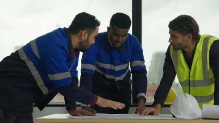 Construction engineers team using blueprint of project plan brainstormingの写真素材