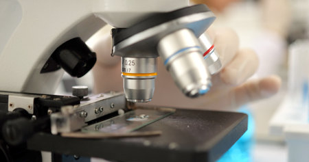 Close up shot of microscope for chemistry biology test samples in laboratory