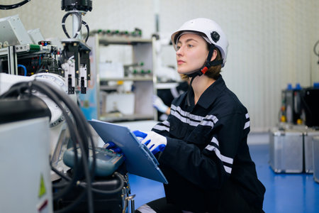 Smiling portrait of female technician checking and repairing automatic machine