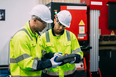 Technicians engineers holding robot controller repairing robotic machine