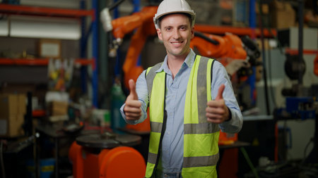 Portrait of male engineer working with robotic arms in factoryの写真素材